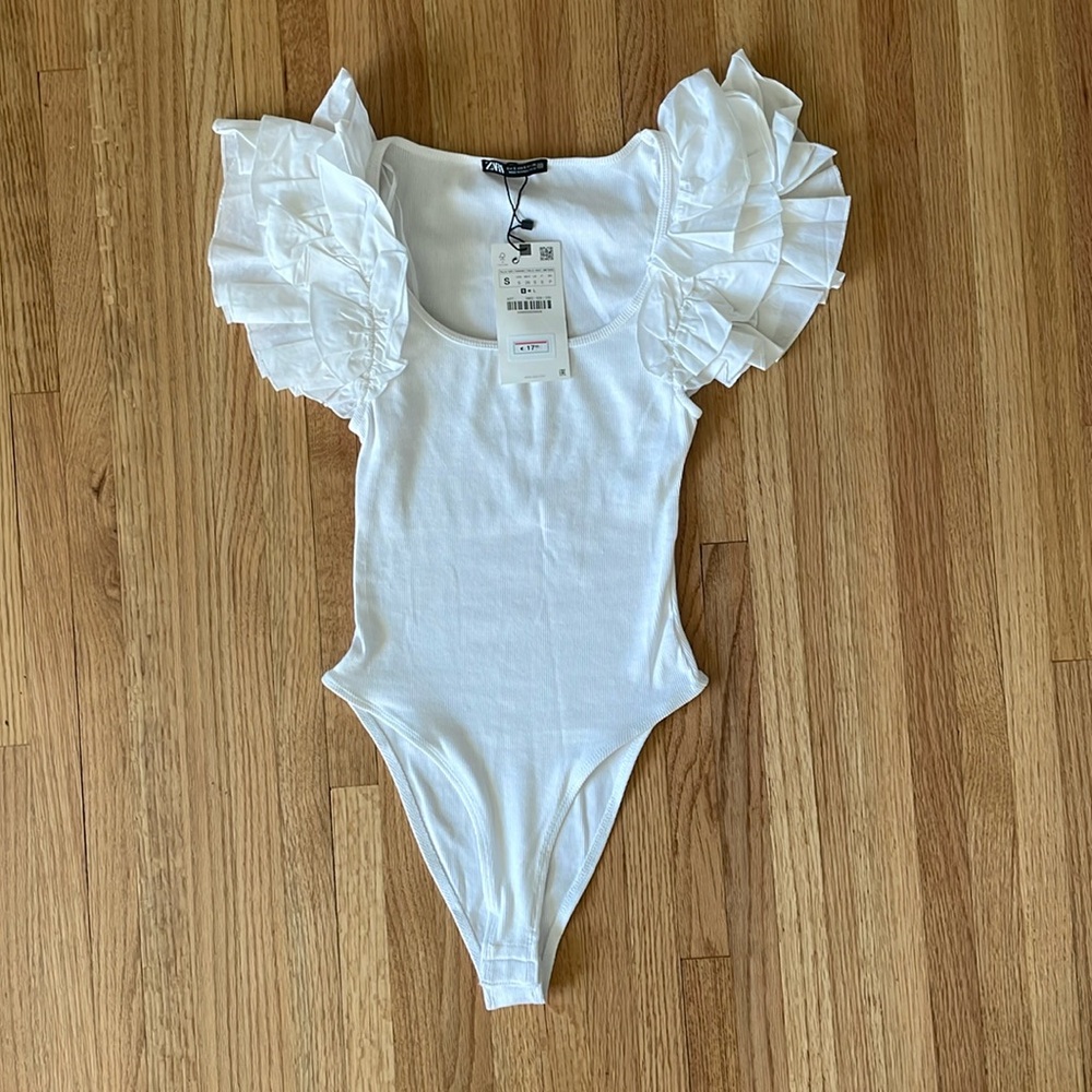 White Ribbed Ruffle Zara Bodysuit